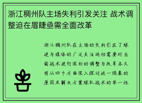 浙江稠州队主场失利引发关注 战术调整迫在眉睫亟需全面改革